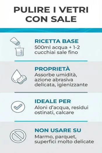 infografica come pulire i vetri con il sale